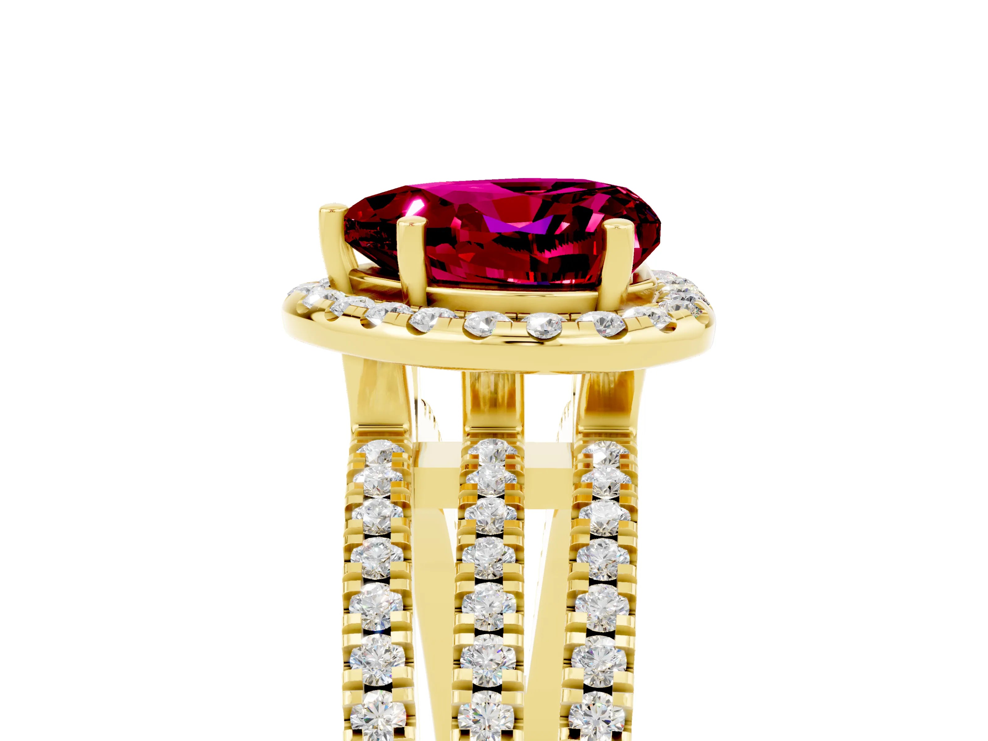 Yellow gold Heart Cut Garnet Halo Engagement Ring with Split Shank and Four-Prong Setting_5