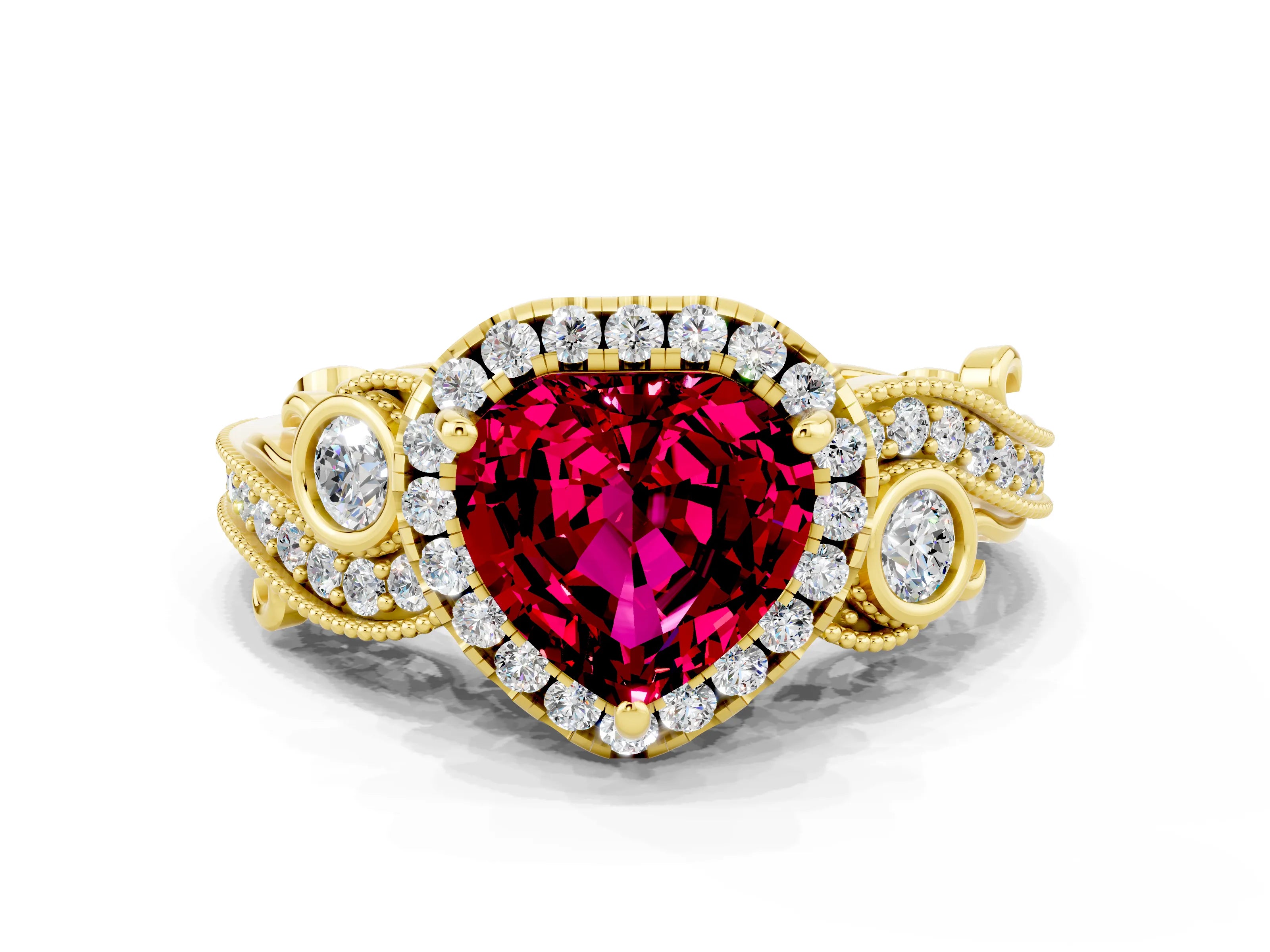 Yellow gold Heart Cut Garnet Halo Ring with Milgrain Pavé Band and Four-Prong Setting_12