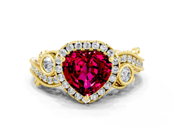 Yellow gold Heart Cut Garnet Halo Ring with Milgrain Pavé Band and Four-Prong Setting