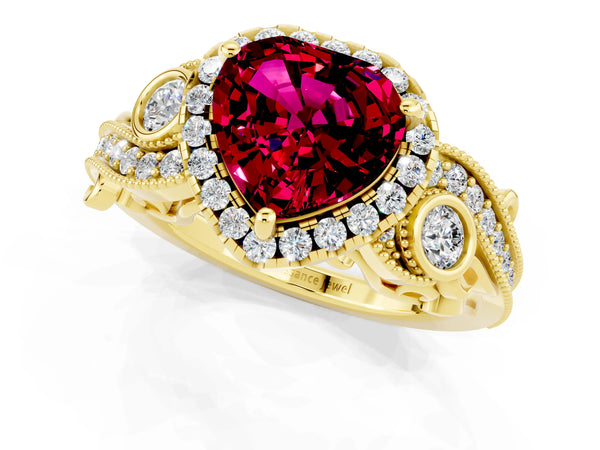 Yellow gold Heart Cut Garnet Halo Ring with Milgrain Pavé Band and Four-Prong Setting