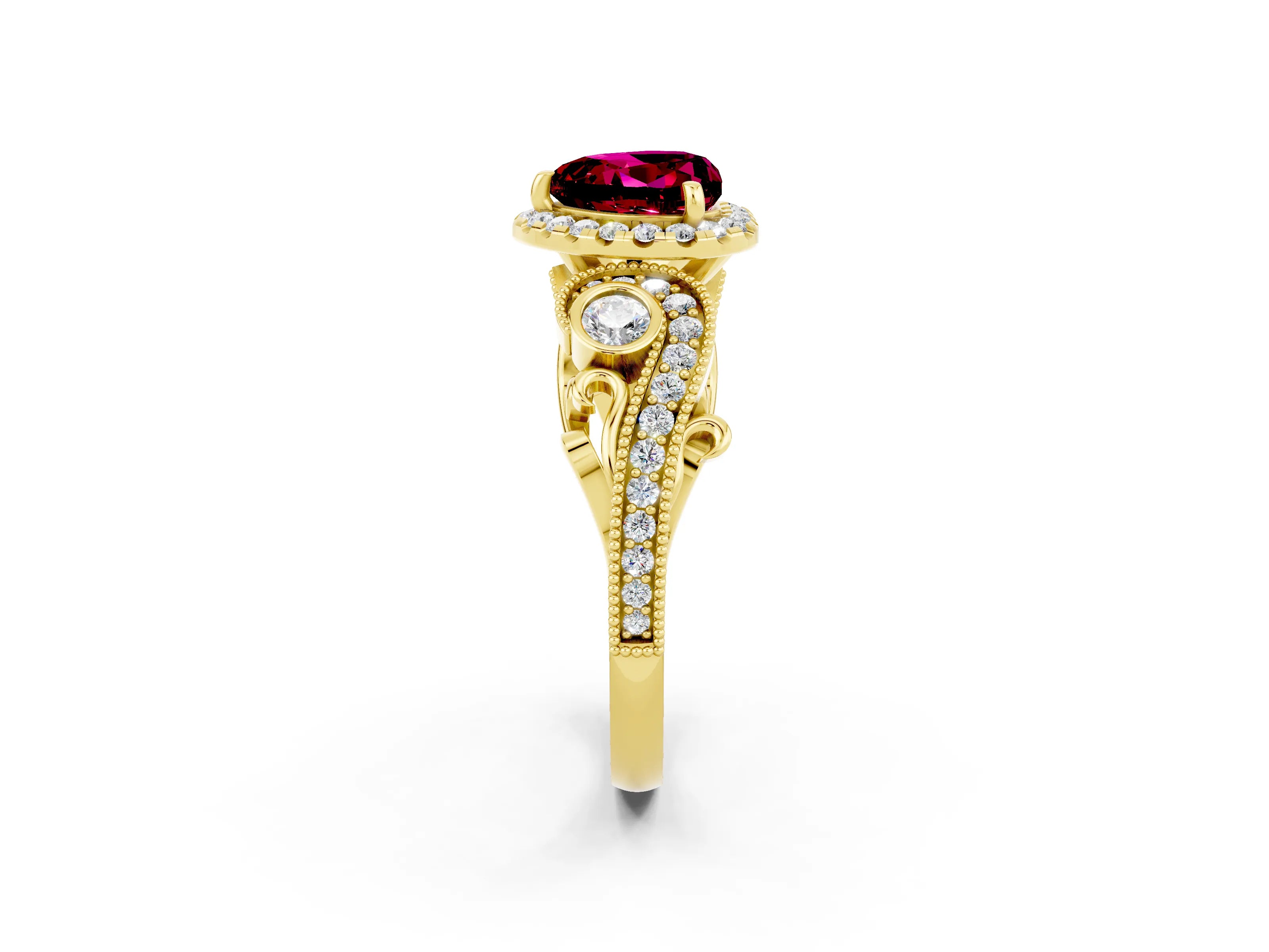 Yellow gold Heart Cut Garnet Halo Ring with Milgrain Pavé Band and Four-Prong Setting_14