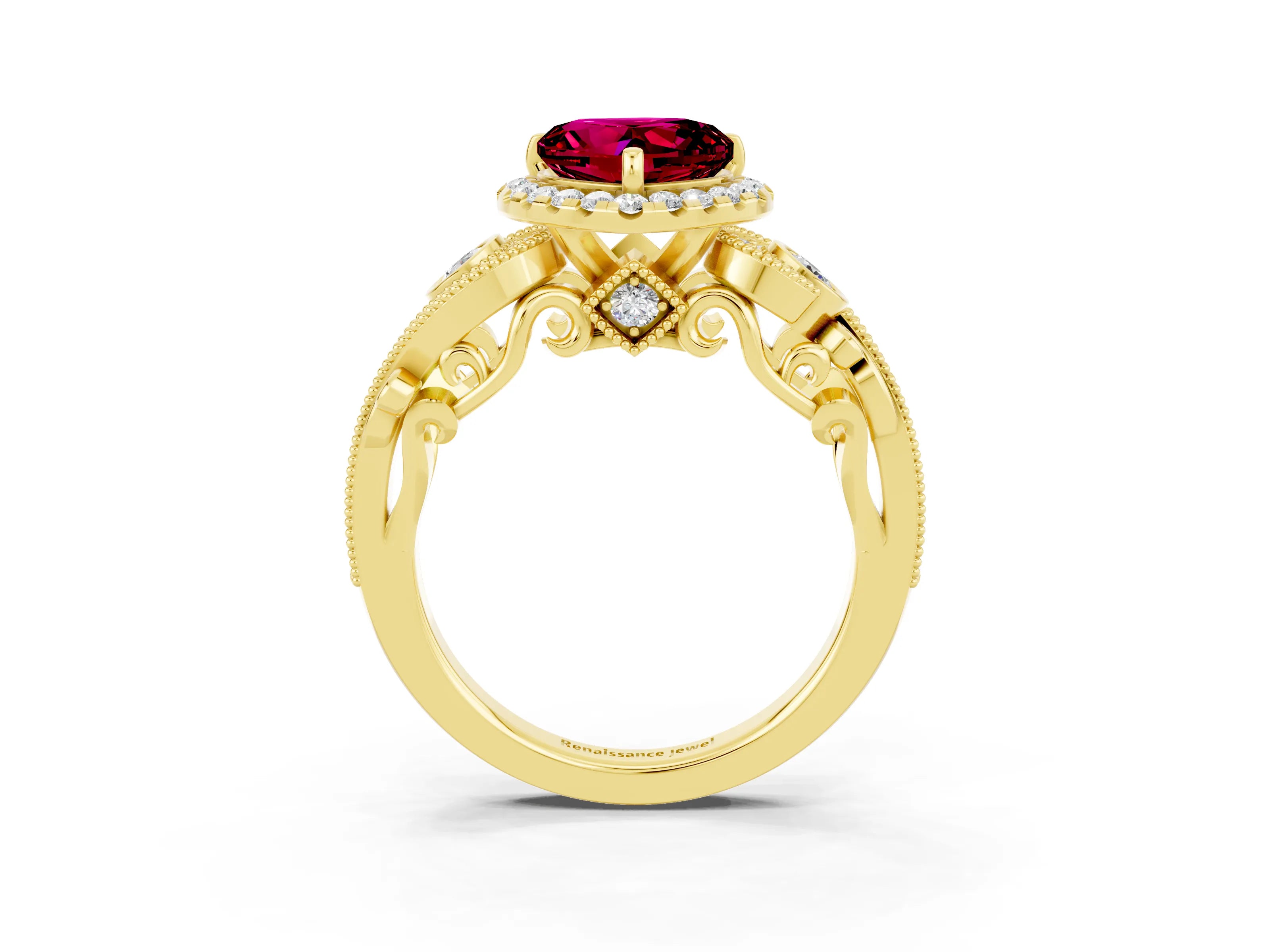 Yellow gold Heart Cut Garnet Halo Ring with Milgrain Pavé Band and Four-Prong Setting_15