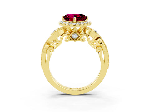 Yellow gold Heart Cut Garnet Halo Ring with Milgrain Pavé Band and Four-Prong Setting_15