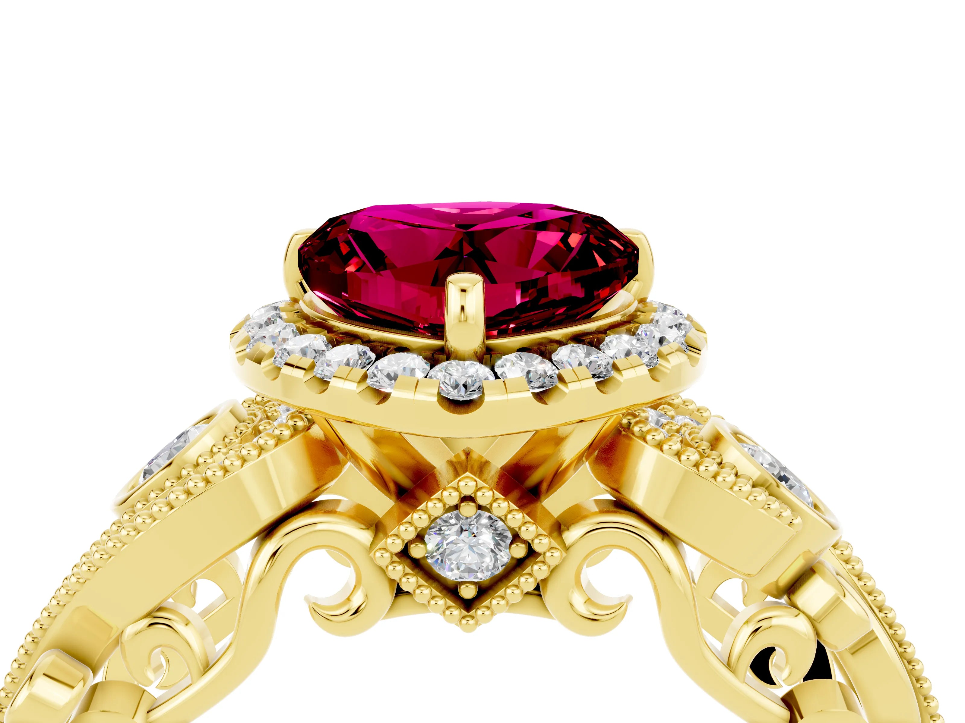 Yellow gold Heart Cut Garnet Halo Ring with Milgrain Pavé Band and Four-Prong Setting_16