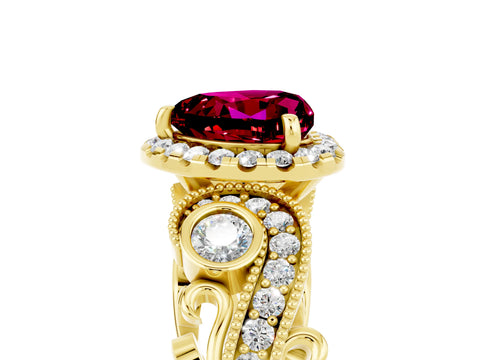 Yellow gold Heart Cut Garnet Halo Ring with Milgrain Pavé Band and Four-Prong Setting_17