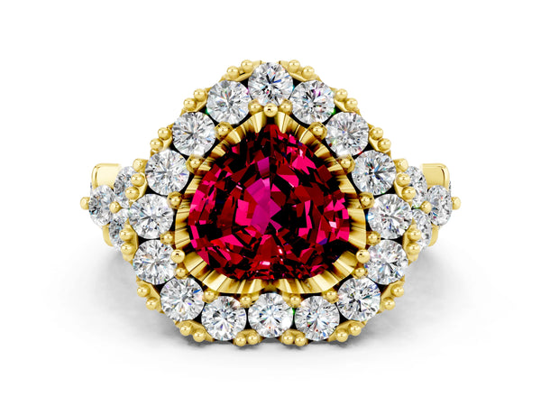 Yellow gold Heart Cut Garnet Halo Ring with Pavé Band and Four-Prong Setting
