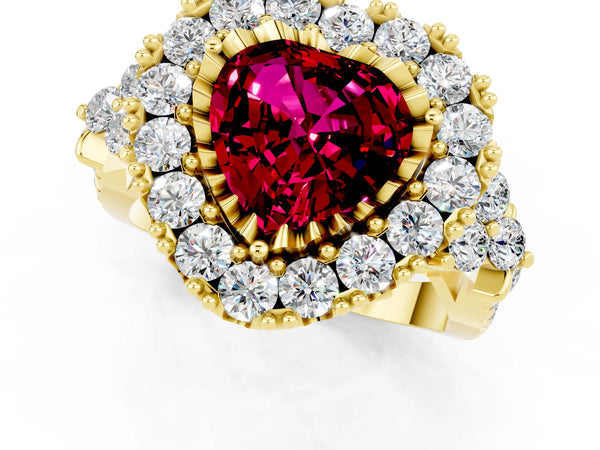 Yellow gold Heart Cut Garnet Halo Ring with Pavé Band and Four-Prong Setting