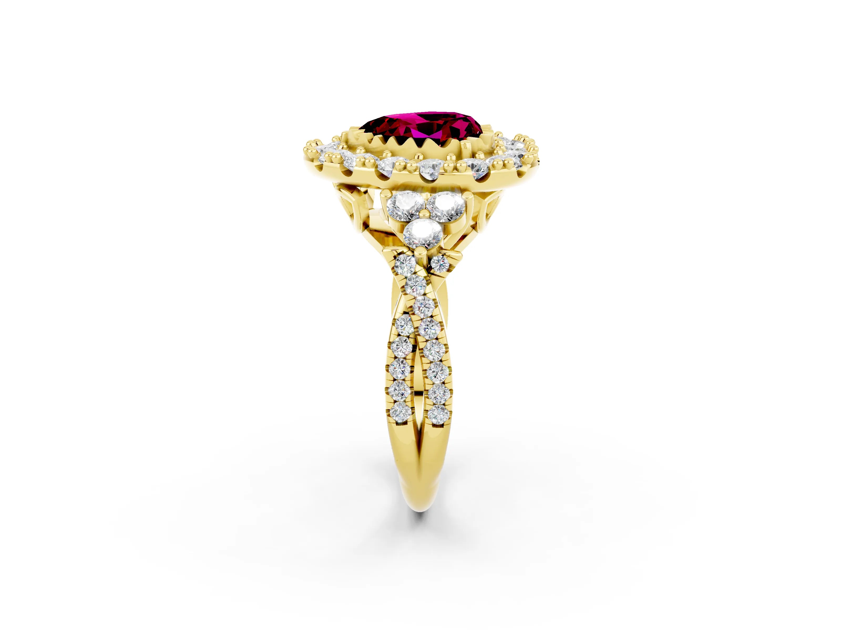Yellow gold Heart Cut Garnet Halo Ring with Pavé Band and Four-Prong Setting_14