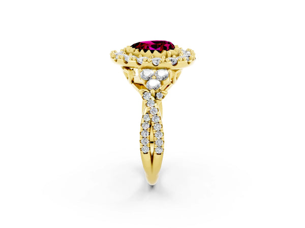 Yellow gold Heart Cut Garnet Halo Ring with Pavé Band and Four-Prong Setting