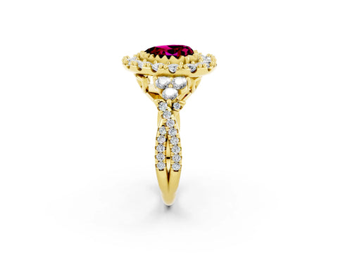 Yellow gold Heart Cut Garnet Halo Ring with Pavé Band and Four-Prong Setting_14