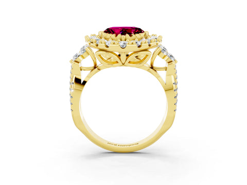 Yellow gold Heart Cut Garnet Halo Ring with Pavé Band and Four-Prong Setting_15