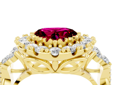 Yellow gold Heart Cut Garnet Halo Ring with Pavé Band and Four-Prong Setting_16