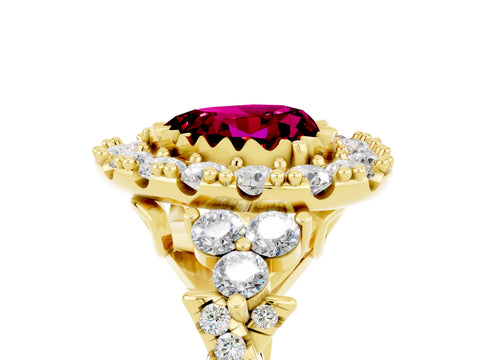Yellow gold Heart Cut Garnet Halo Ring with Pavé Band and Four-Prong Setting_17