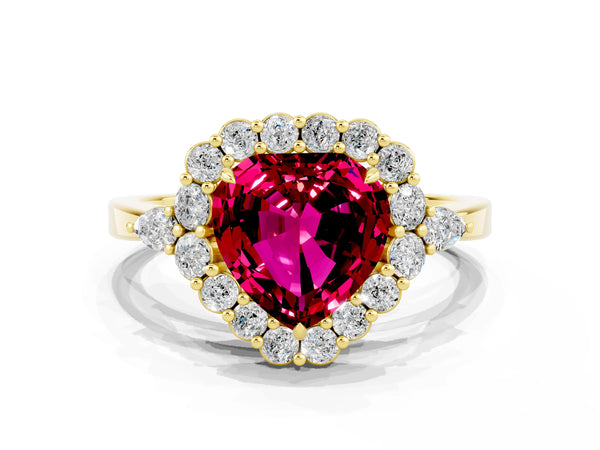 Yellow gold Heart Cut Garnet Halo Ring with Pear Side Stones and Prong Setting