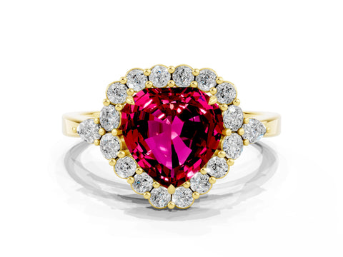Yellow gold Heart Cut Garnet Halo Ring with Pear Side Stones and Prong Setting_12
