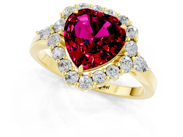Yellow gold Heart Cut Garnet Halo Ring with Pear Side Stones and Prong Setting
