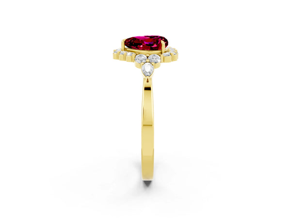 Yellow gold Heart Cut Garnet Halo Ring with Pear Side Stones and Prong Setting