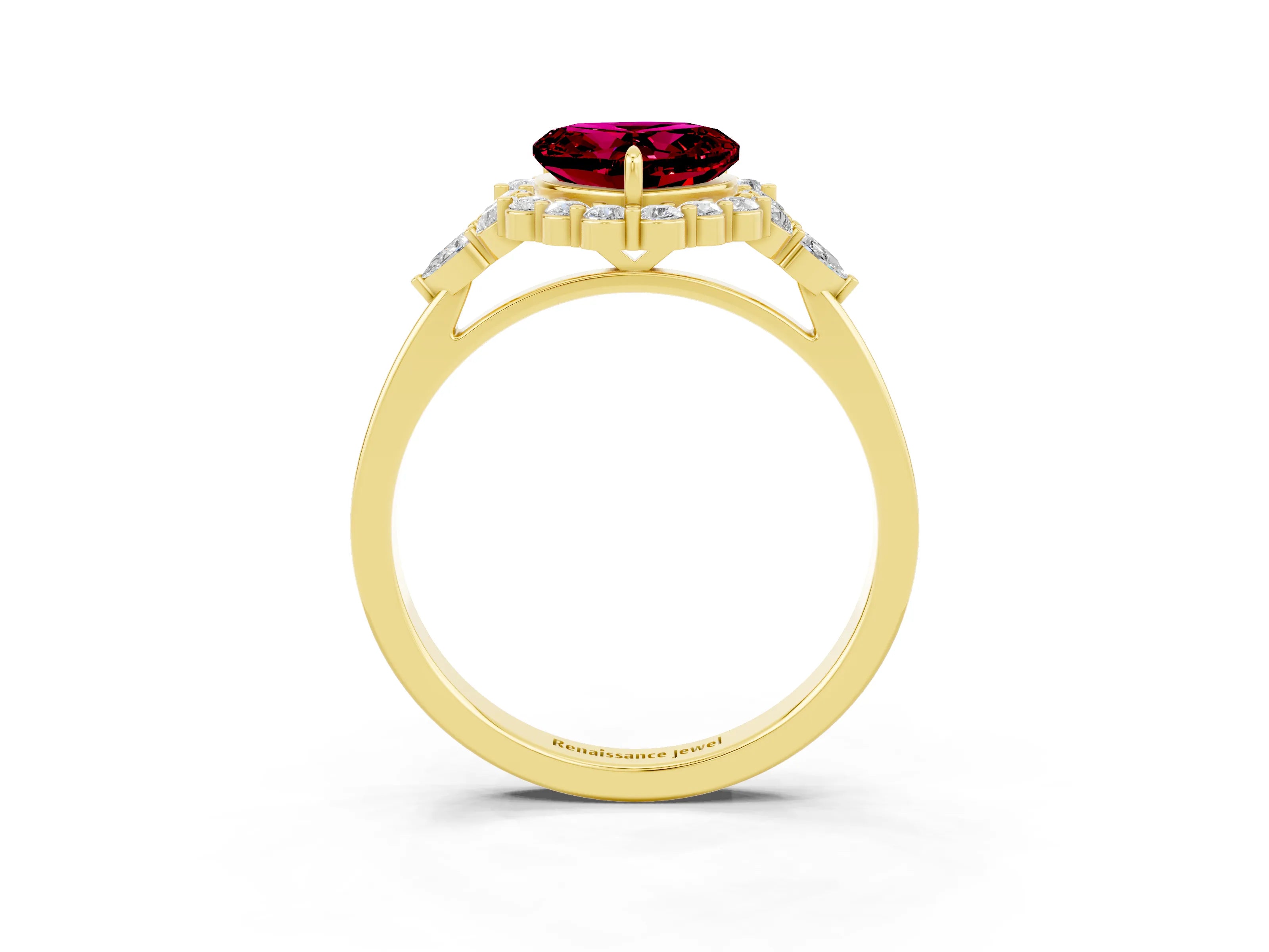Yellow gold Heart Cut Garnet Halo Ring with Pear Side Stones and Prong Setting_15
