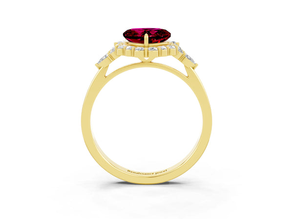 Yellow gold Heart Cut Garnet Halo Ring with Pear Side Stones and Prong Setting