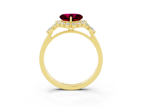 Yellow gold Heart Cut Garnet Halo Ring with Pear Side Stones and Prong Setting_15