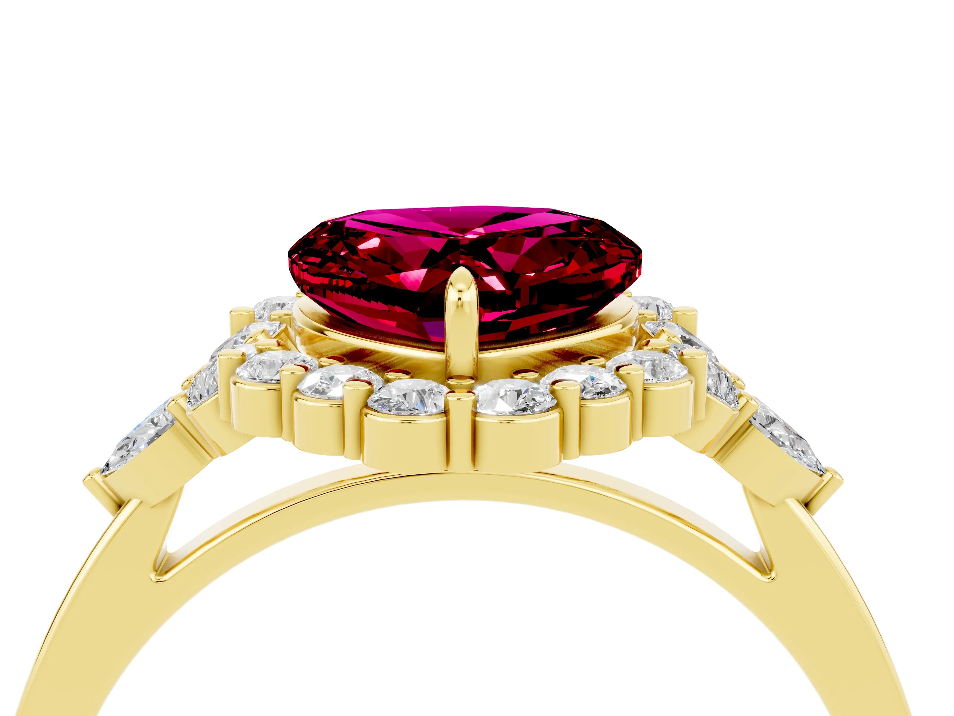 Yellow gold Heart Cut Garnet Halo Ring with Pear Side Stones and Prong Setting_16