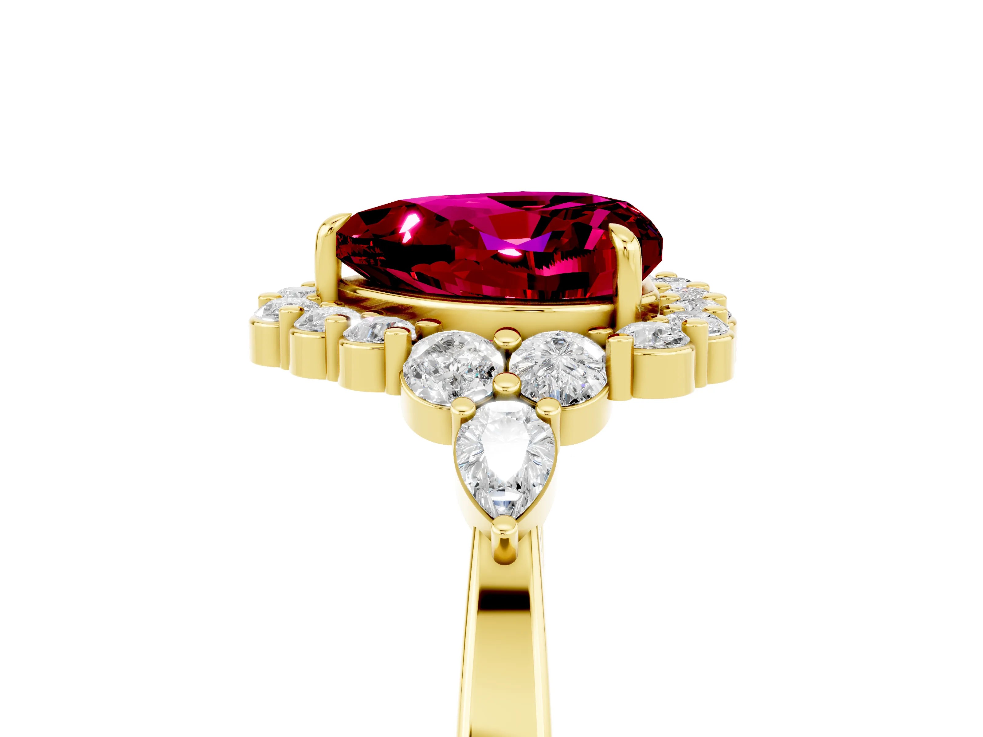 Yellow gold Heart Cut Garnet Halo Ring with Pear Side Stones and Prong Setting_17