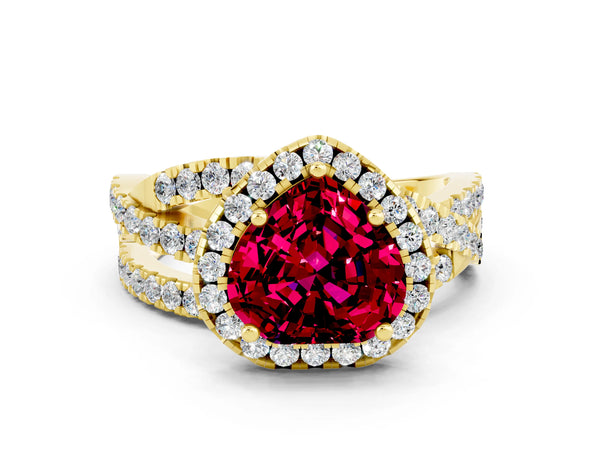 Yellow gold Heart Cut Garnet Halo Ring with Round Split Shank and Prong Setting