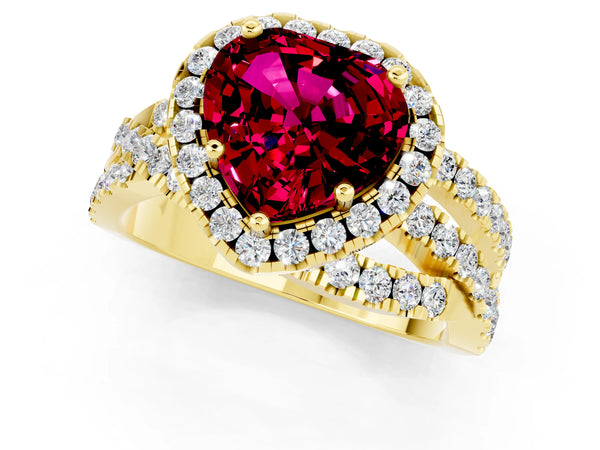 Yellow gold Heart Cut Garnet Halo Ring with Round Split Shank and Prong Setting