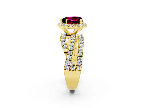 Yellow gold Heart Cut Garnet Halo Ring with Round Split Shank and Prong Setting