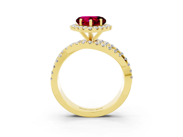 Yellow gold Heart Cut Garnet Halo Ring with Round Split Shank and Prong Setting