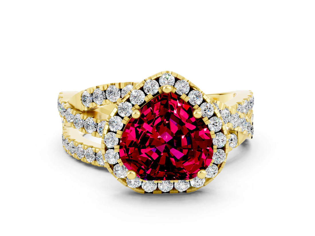 Yellow gold Heart Cut Garnet Halo Ring with Round Split Shank and Prong Setting_48