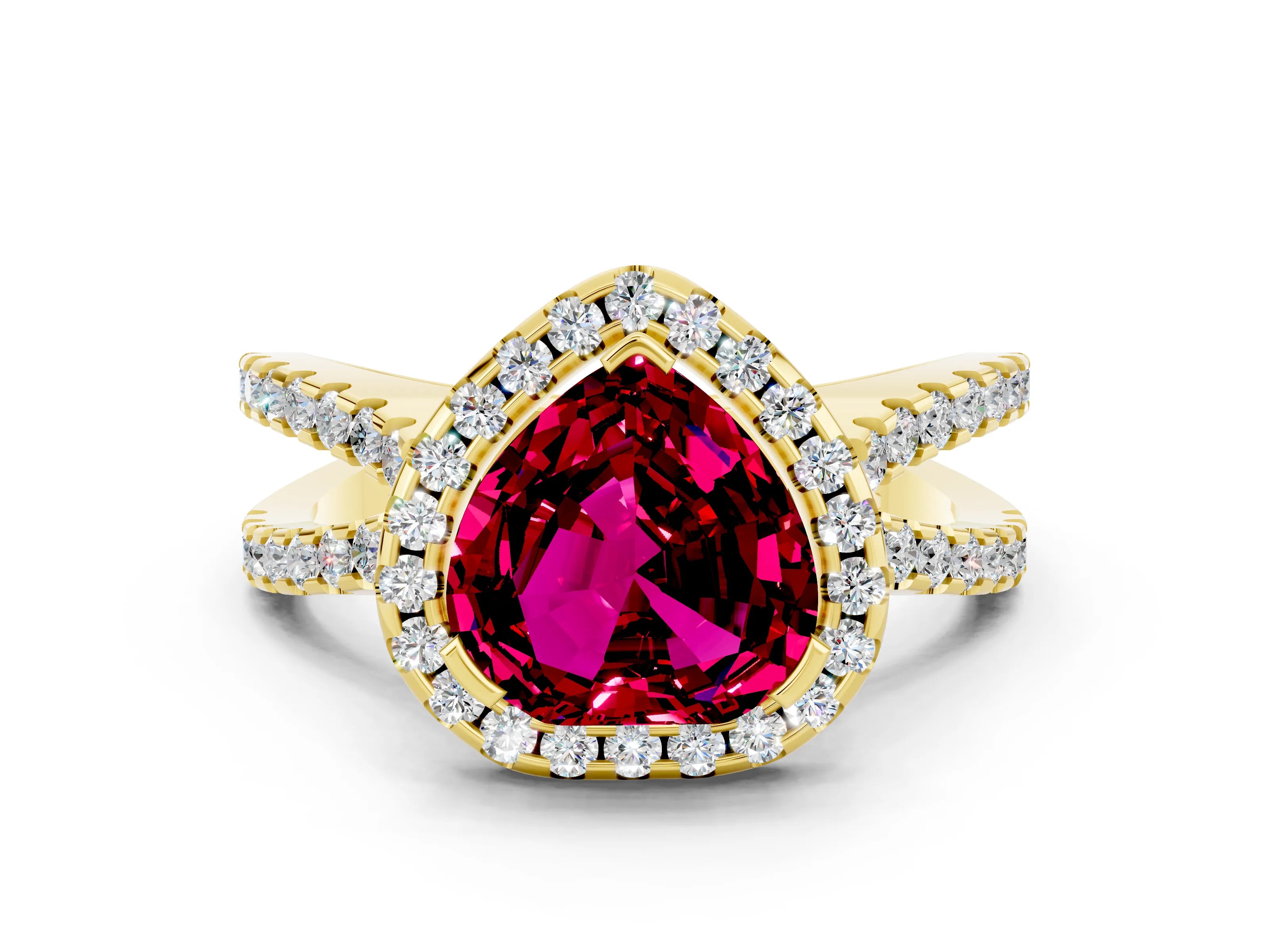 Yellow gold Heart Cut Garnet Halo Ring with Split Shank Pavé Band and Prong Setting