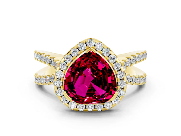 Yellow gold Heart Cut Garnet Halo Ring with Split Shank Pavé Band and Prong Setting