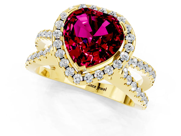Yellow gold Heart Cut Garnet Halo Ring with Split Shank Pavé Band and Prong Setting