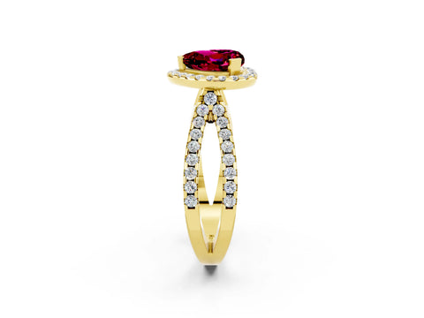 Yellow gold Heart Cut Garnet Halo Ring with Split Shank Pavé Band and Prong Setting_2