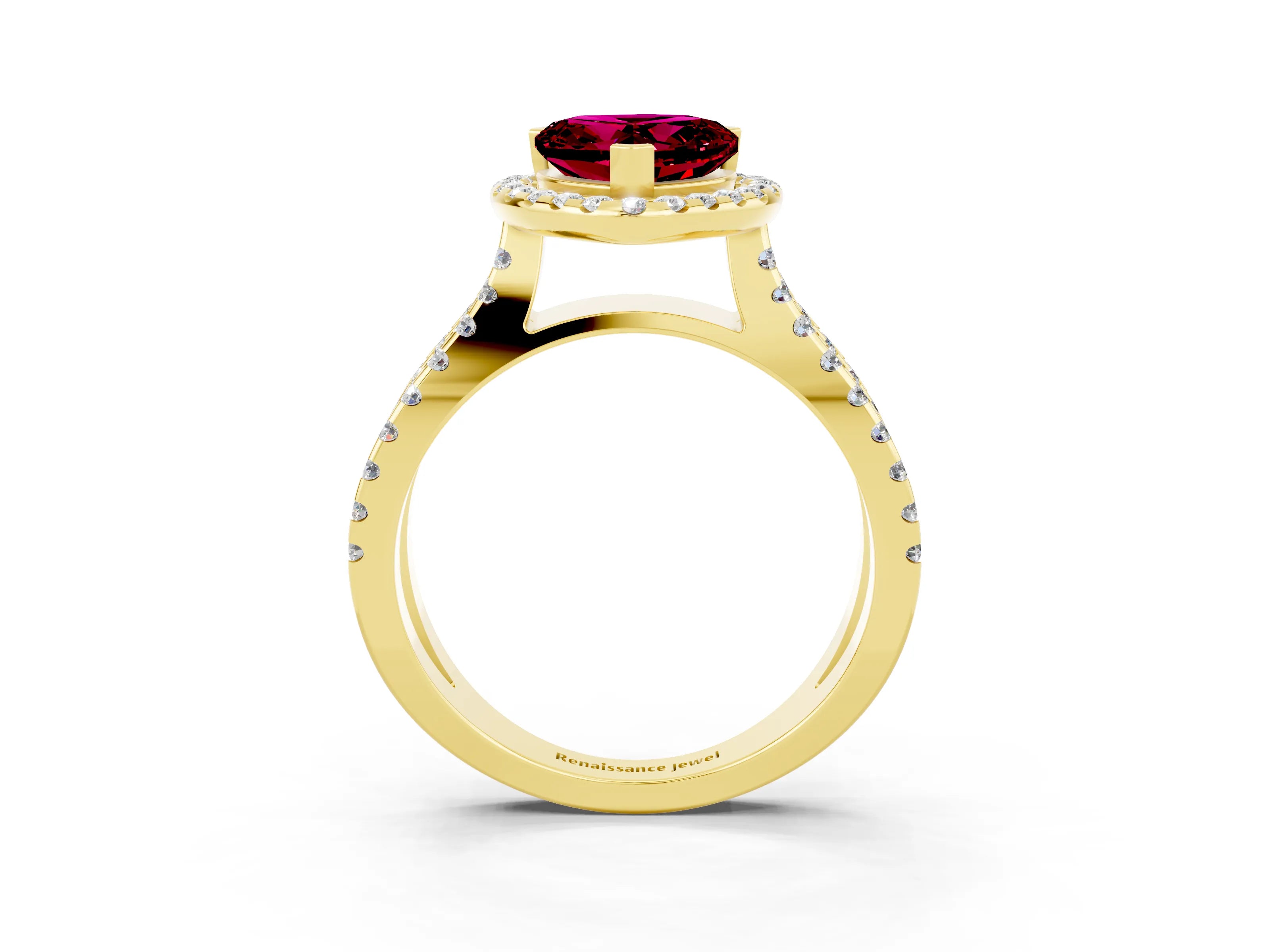 Yellow gold Heart Cut Garnet Halo Ring with Split Shank Pavé Band and Prong Setting_3