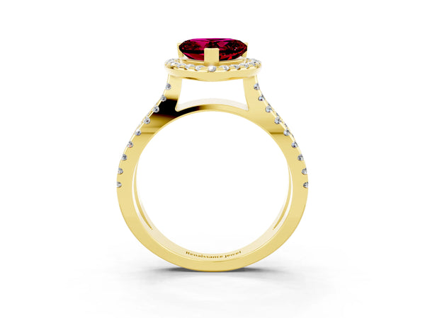 Yellow gold Heart Cut Garnet Halo Ring with Split Shank Pavé Band and Prong Setting