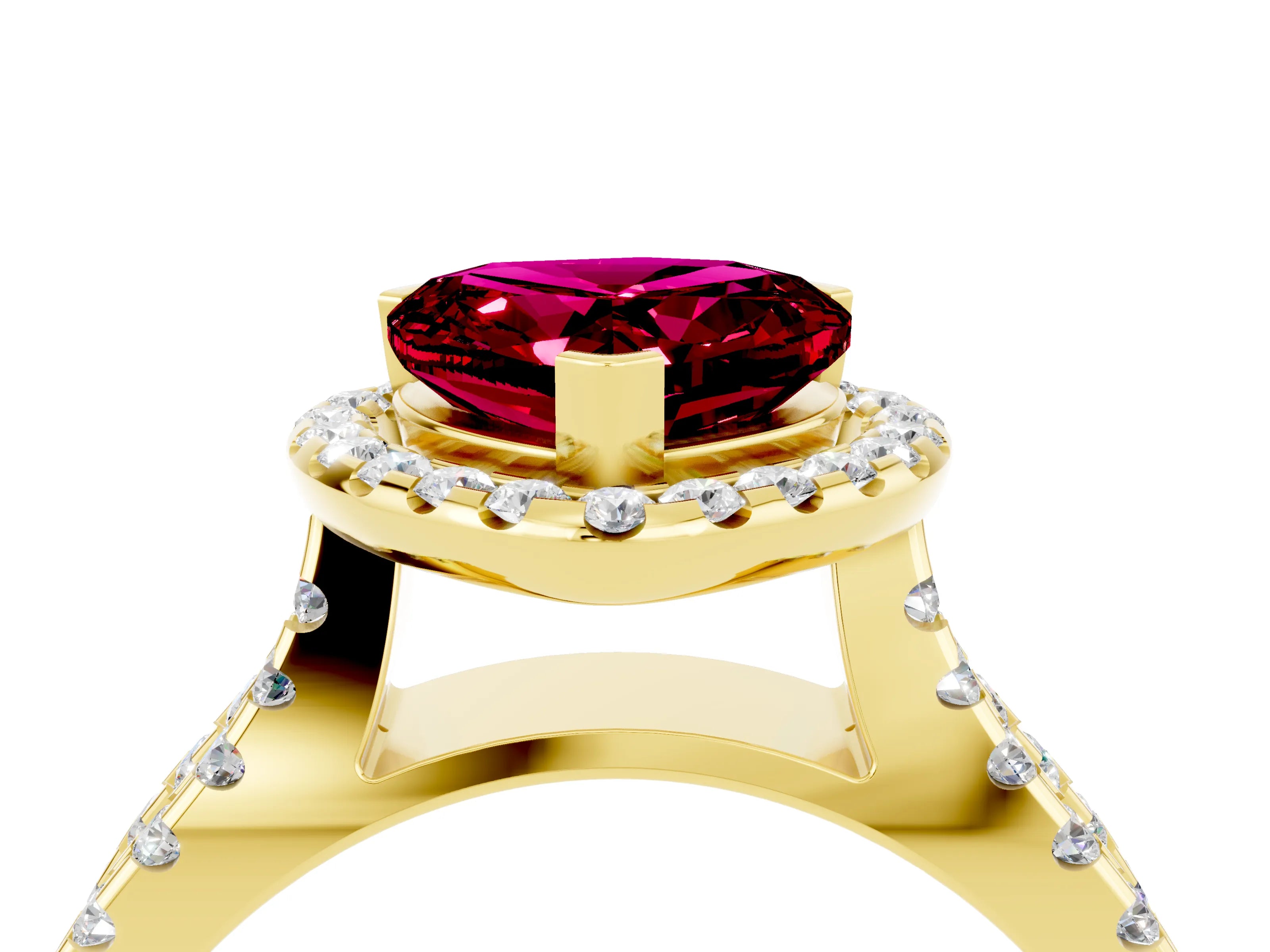 Yellow gold Heart Cut Garnet Halo Ring with Split Shank Pavé Band and Prong Setting_4