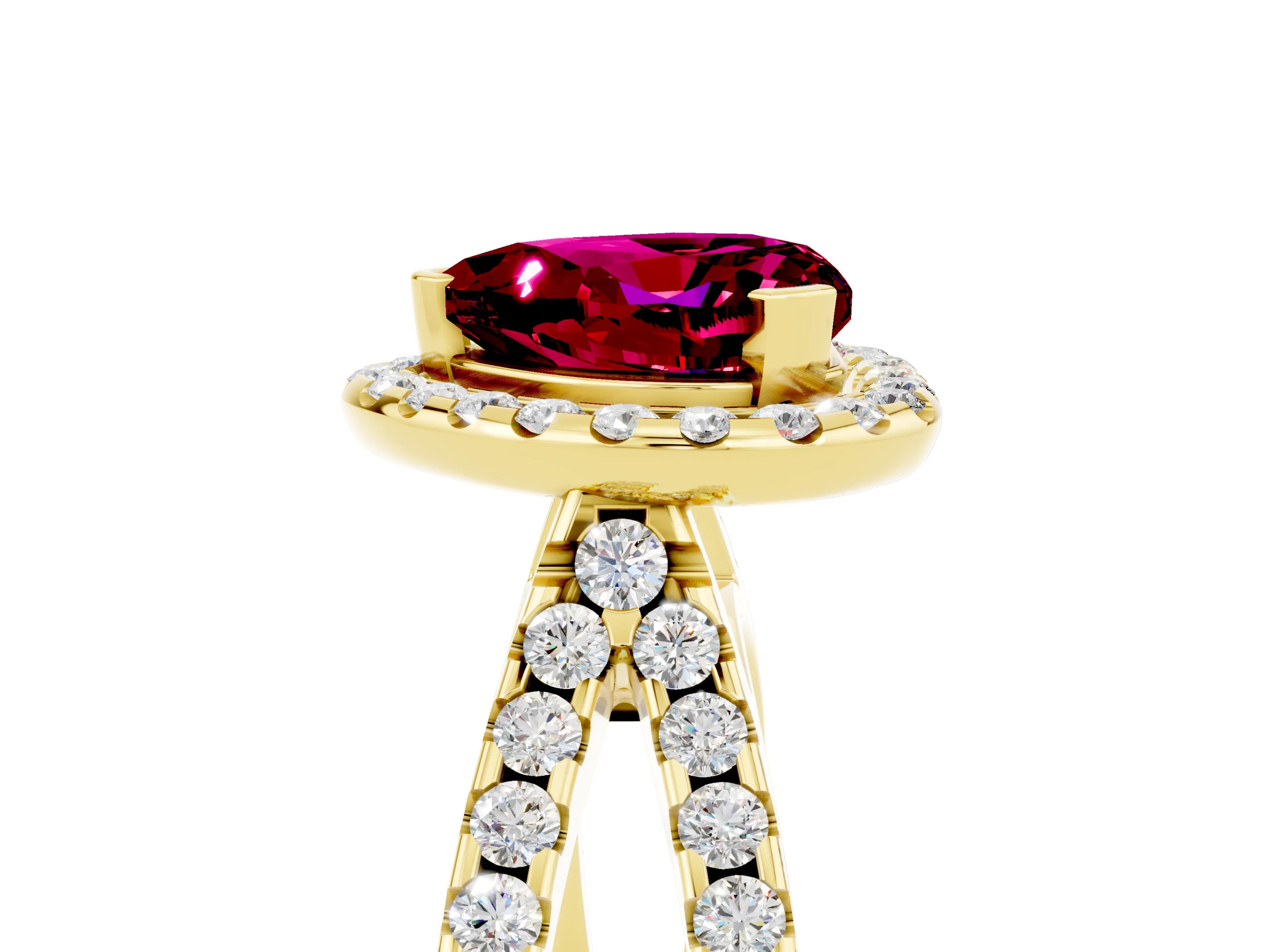 Yellow gold Heart Cut Garnet Halo Ring with Split Shank Pavé Band and Prong Setting_5