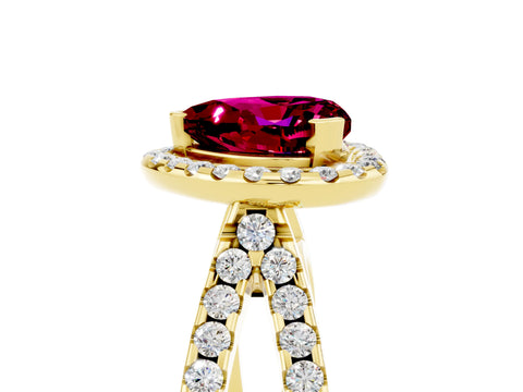 Yellow gold Heart Cut Garnet Halo Ring with Split Shank Pavé Band and Prong Setting_5