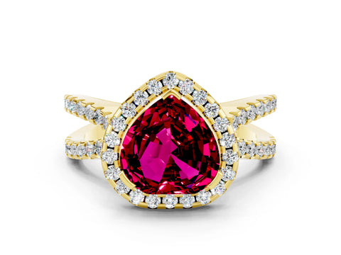 Yellow gold Heart Cut Garnet Halo Ring with Split Shank Pavé Band and Prong Setting