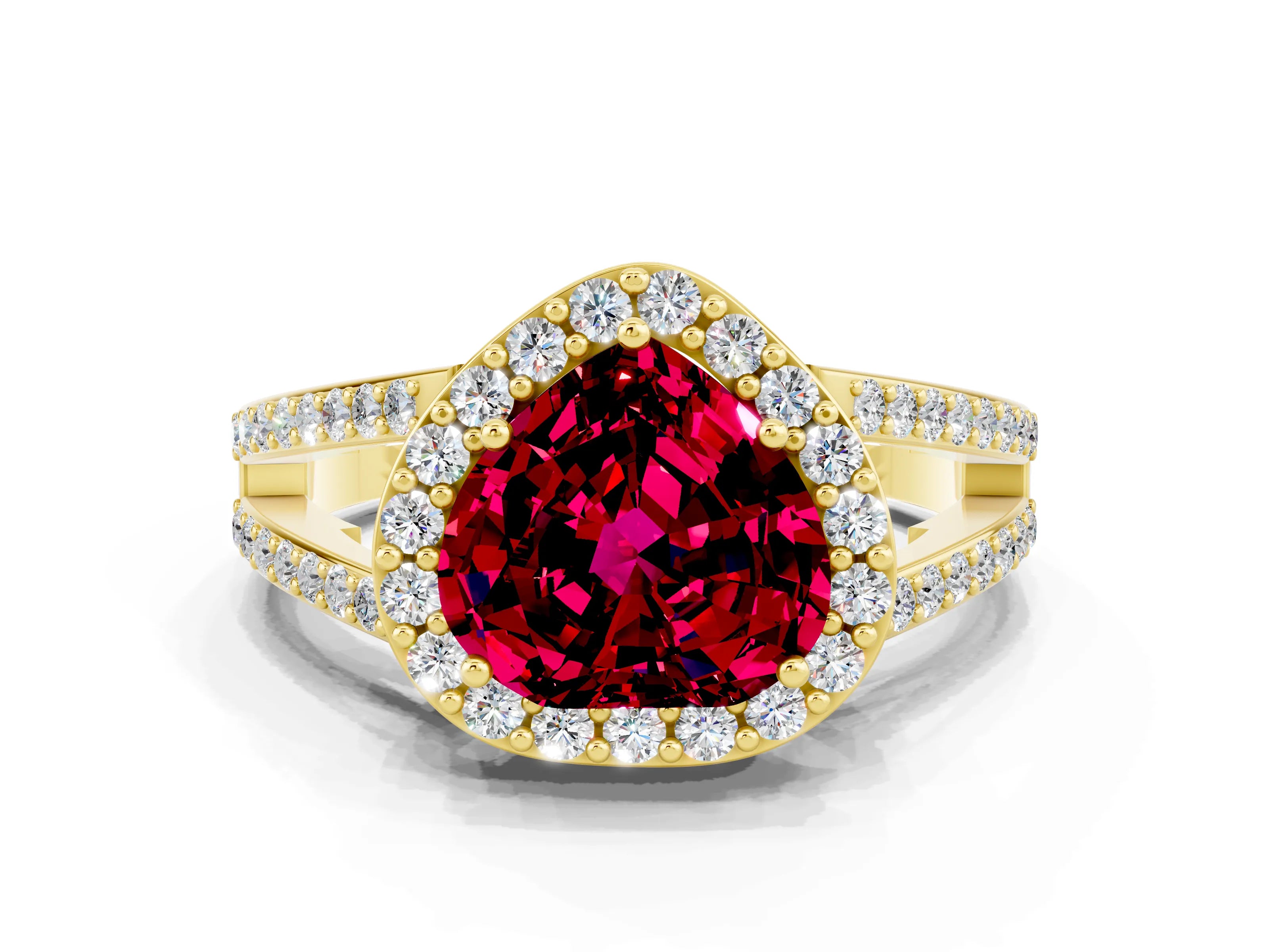 Yellow gold Heart Cut Garnet Halo Ring with Split Shank U-Prong Band and Four-Prong Setting
