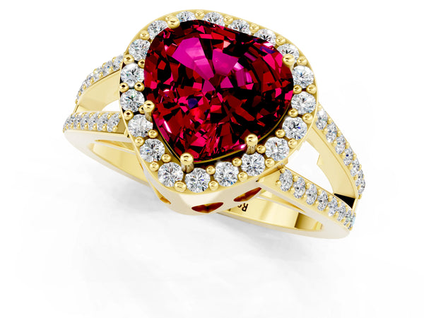 Yellow gold Heart Cut Garnet Halo Ring with Split Shank U-Prong Band and Four-Prong Setting