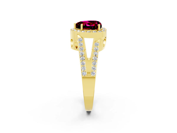 Yellow gold Heart Cut Garnet Halo Ring with Split Shank U-Prong Band and Four-Prong Setting