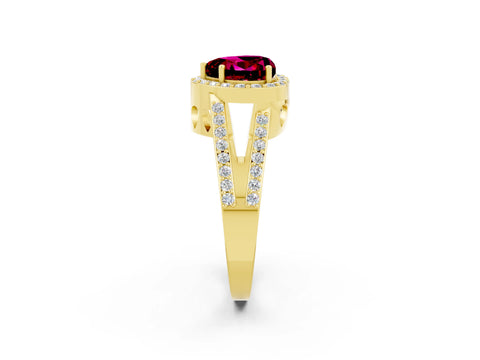 Yellow gold Heart Cut Garnet Halo Ring with Split Shank U-Prong Band and Four-Prong Setting_2
