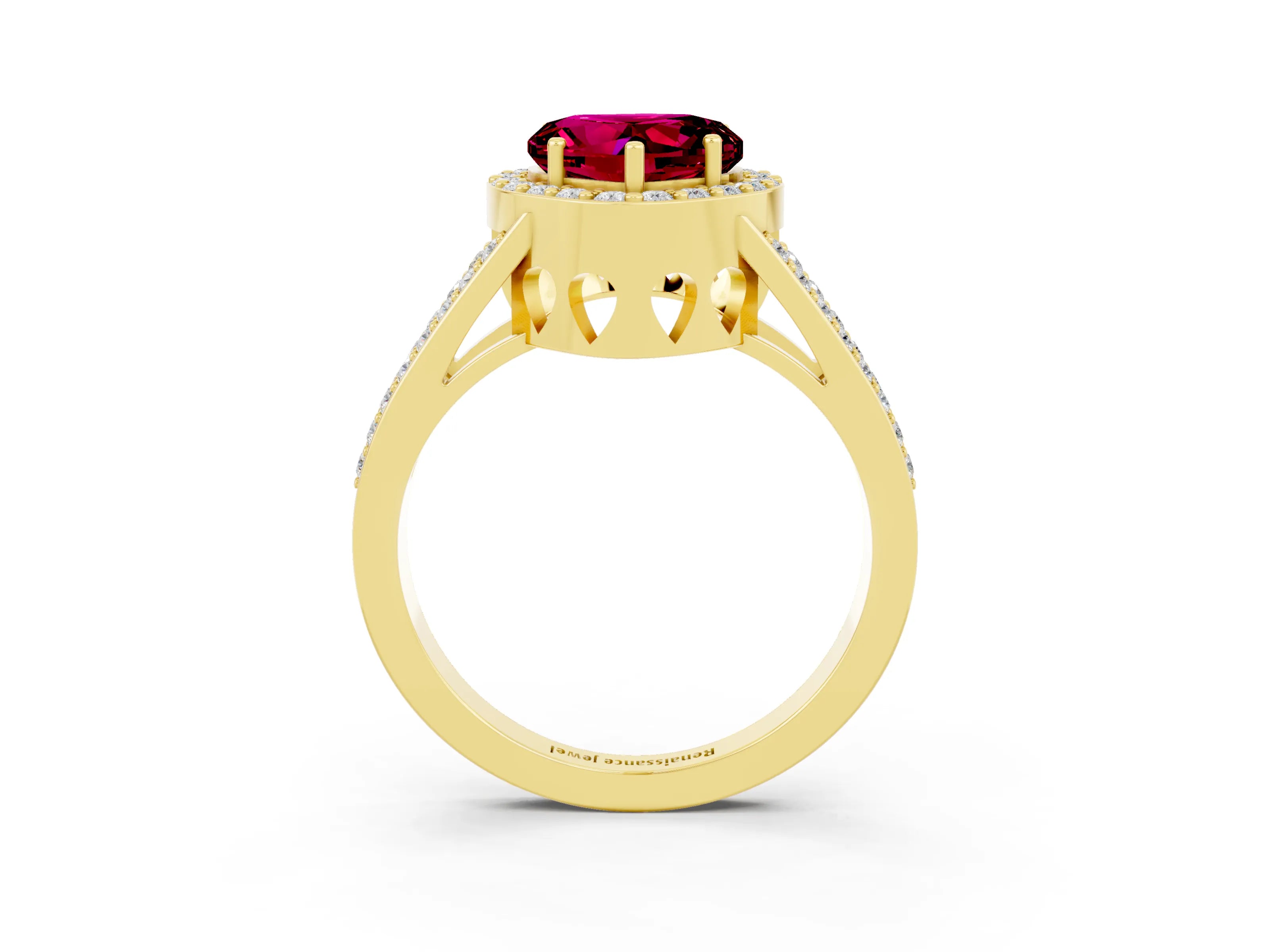 Yellow gold Heart Cut Garnet Halo Ring with Split Shank U-Prong Band and Four-Prong Setting_3