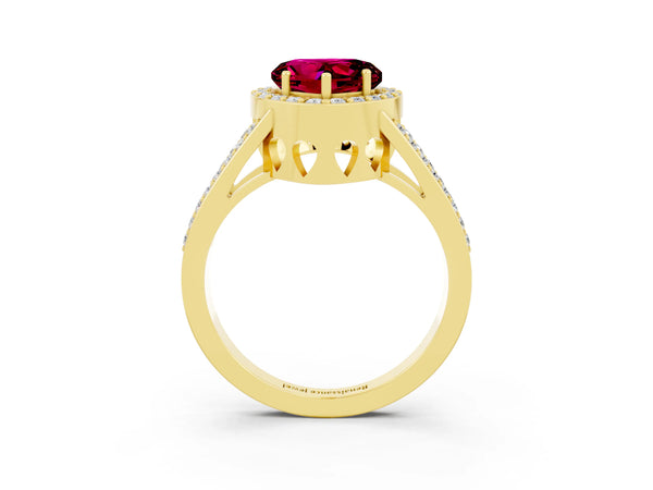Yellow gold Heart Cut Garnet Halo Ring with Split Shank U-Prong Band and Four-Prong Setting