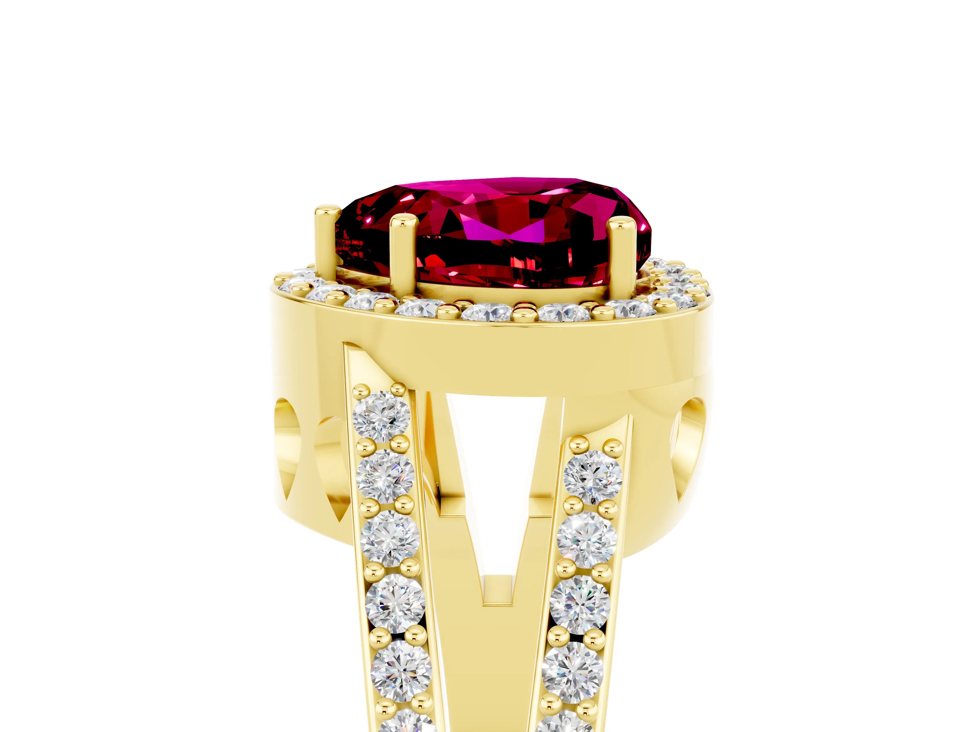 Yellow gold Heart Cut Garnet Halo Ring with Split Shank U-Prong Band and Four-Prong Setting_5