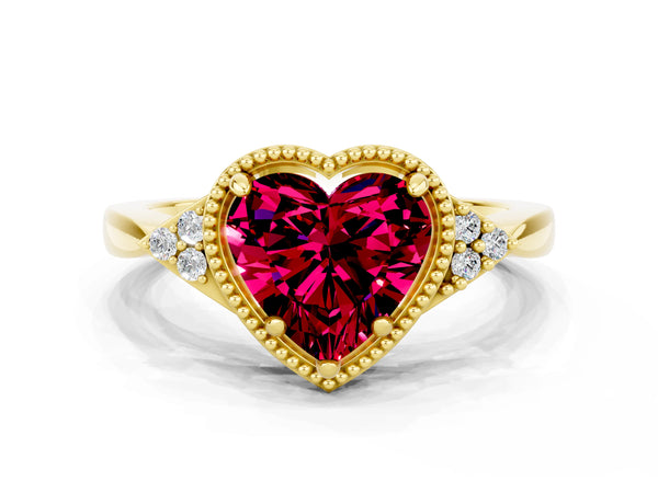 Yellow gold Heart Cut Garnet Halo Ring with Tapered Band and Four-Prong Setting