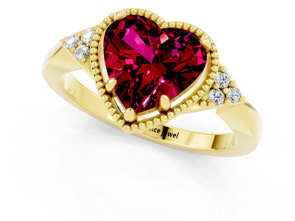 Yellow gold Heart Cut Garnet Halo Ring with Tapered Band and Four-Prong Setting